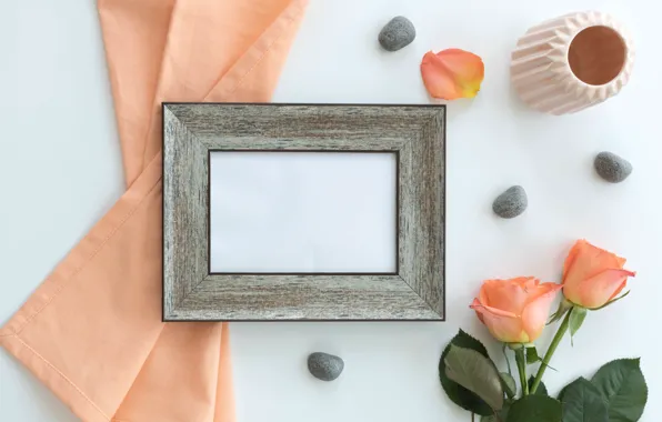 Flowers, stones, photo, roses, frame, petals, fabric, buds