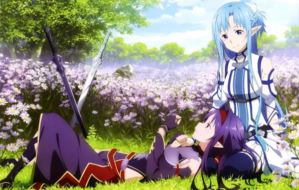 Stay, chamomile, elves, swords, long hair, friend, flower fields, Yuuki Asuna