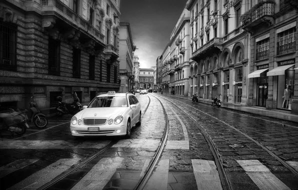 Street, taxi, black and white photo, The white cab
