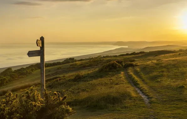 Picture sea, light, sunset, fog, West Dorset, Jurrassic Coast