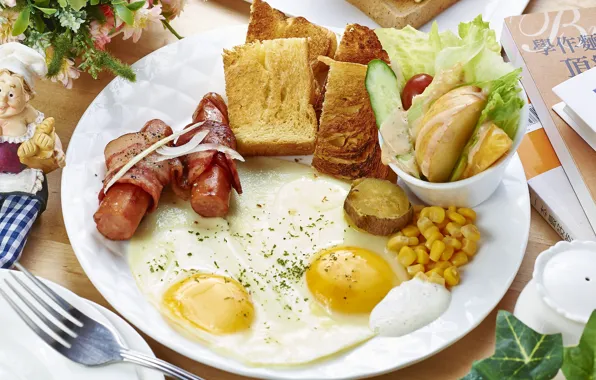 Sausage, corn, Breakfast, scrambled eggs, bacon, salad, potatoes, toast