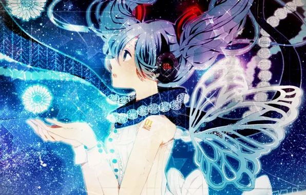 Girl, flowers, wings, headphones, art, vocaloid, hatsune miku, Vocaloid
