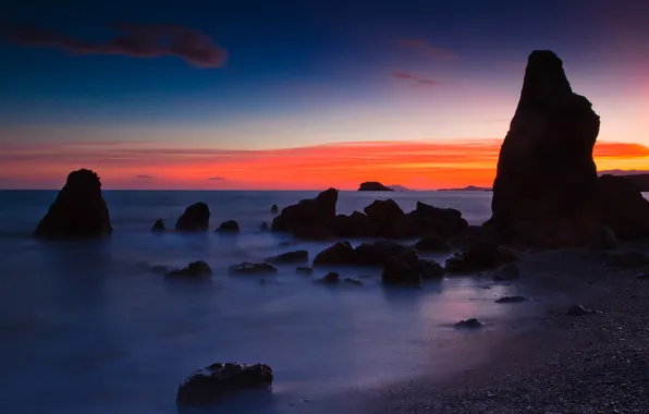 Sea, beach, stones, rocks, dawn