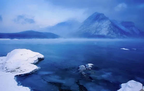 Snow, mountains, Canada, Albert, lake Minnewanka