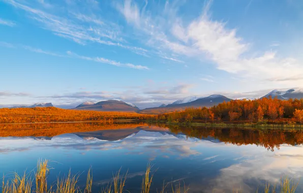 The sky, trees, mountains, nature, pond