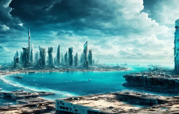 City, future, landscape, coast, art, fantastic, cyberpunk, digital art