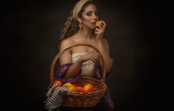 Picture girl, decoration, Apple, fruit, basket, Mahdi Ghannad