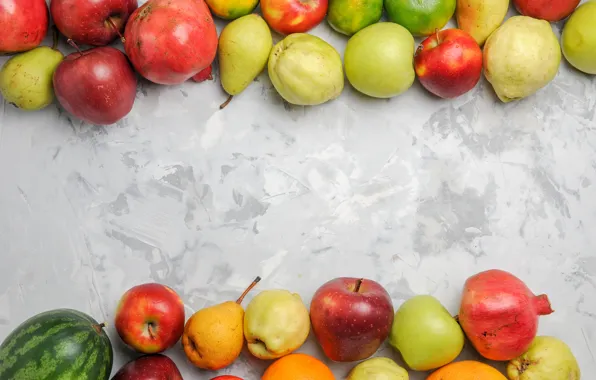 Apples, oranges, watermelon, lime, fruit, light background, citrus, pear