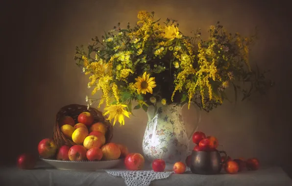 Flowers, apples, bouquet, yellow, dishes, pitcher, still life, different