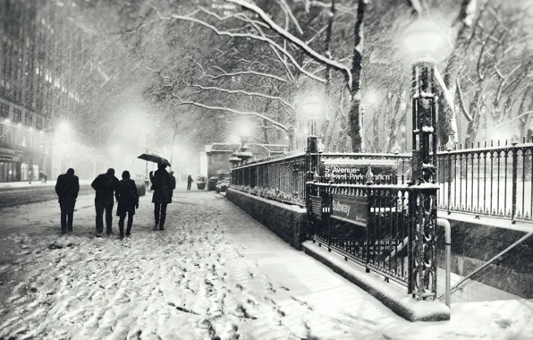 Winter, road, trees, night, branches, traces, people, metro