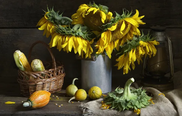 Autumn, sunflowers, flowers, style, retro, the dark background, table, background