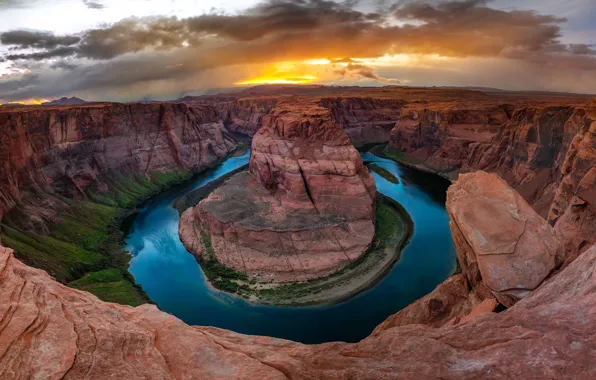 The sky, clouds, sunset, mountains, clouds, river, stones, open