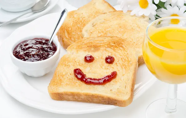 Smile, chamomile, Breakfast, juice, bread, jam, smiley, toast