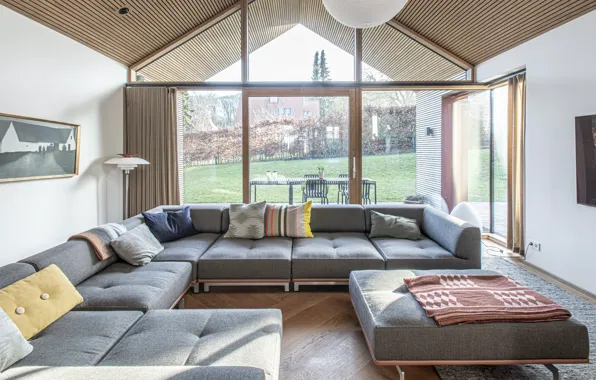 Room, interior, Denmark, terrace, living room, Denmark, Villa E is inspired by Aarhus University, northern …