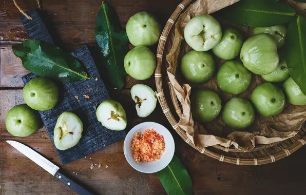 Paper, table, green, knife, basket, vegetables, spices, cutting Board