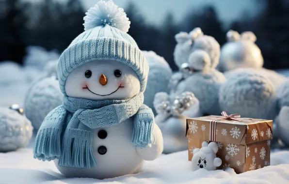 Winter, snow, New Year, Christmas, snowman, happy, Christmas, night