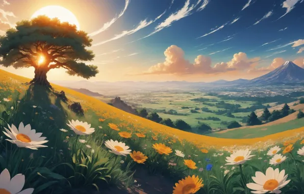 Picture field, flowers, chamomile, horizon, meadow, art