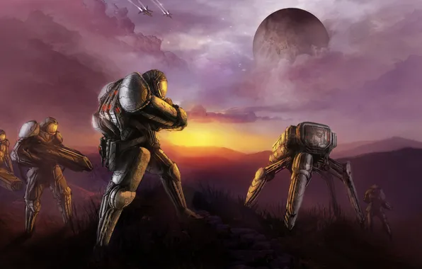 Clouds, sunset, weapons, people, fiction, planet, robot, satellite
