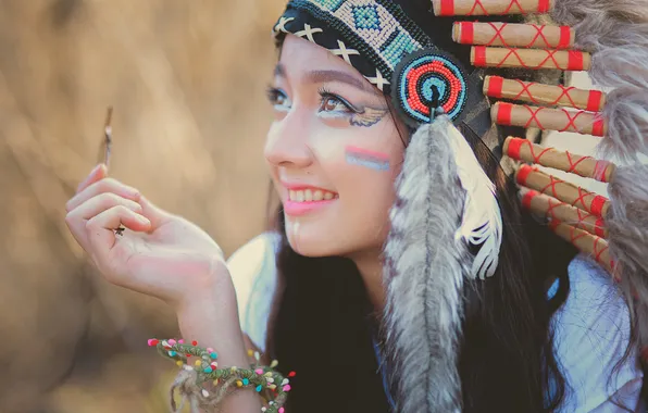 Picture summer, girl, face, smile, style, feathers, coloring, headdress