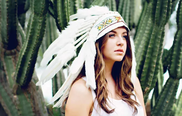 Look, girl, face, feathers, headdress