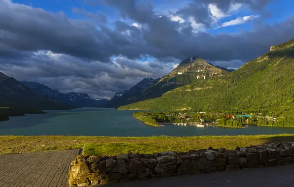 Mountains, lake, shore, Canada, town, forest, Waterton Lakes National Park