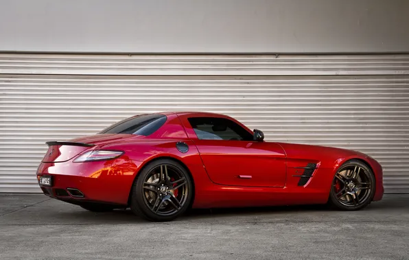 Red, reflection, wall, shadow, red, rear view, mercedes benz, sls amg