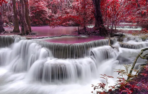 River, autumn, waterfall, purple, flow