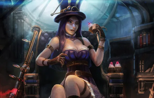 Picture chest, girl, hat, the gun, cake, League of Legends, caitlyn, Sheriff of Piltover