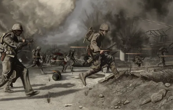 Picture field, war, soldiers, war, pustosh, Crossing the battlefield