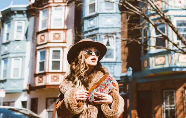 Picture hat, girl, face, street, glasses