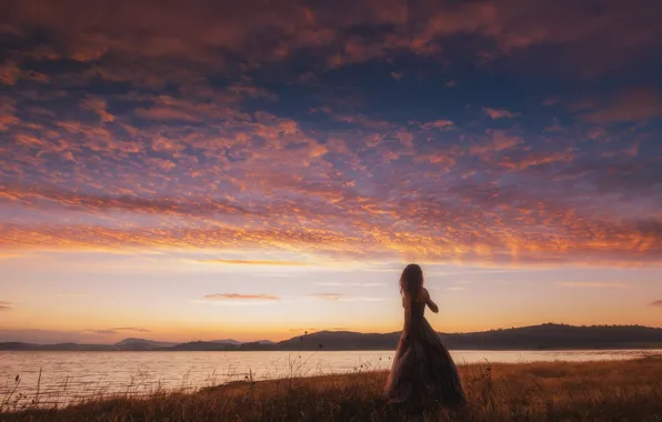 The sky, grass, girl, clouds, nature, pose, dawn, hills
