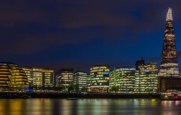 Night, the city, lights, river, England, London, building, architecture