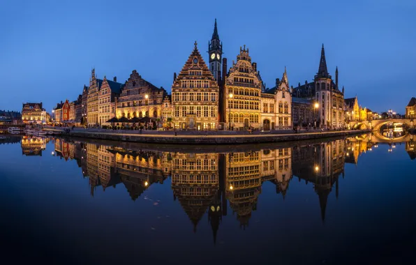 Night, the city, lights, reflection, blue, building, tower, lights
