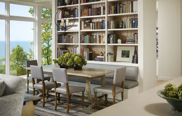 Interior, library, living room, dining room, Michigan, Harbert Residence, by Robbins Architecture, Harbert