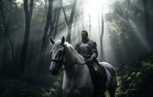 Forest, the sun, rays, light, fog, horse, horse, armor