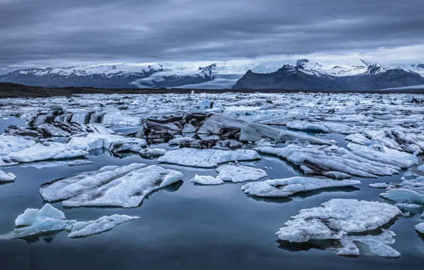 Winter, mountains, ice, glacier, ice, Iceland, pond