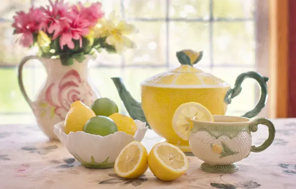 Flowers, lemon, tea, bouquet, kettle, Cup, lime, citrus