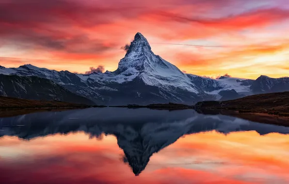 The sky, clouds, reflection, sunset, mountains, lake, rocks, paint