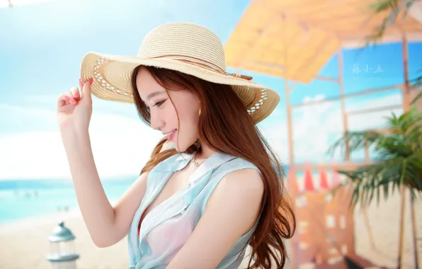 Sea, beach, the sun, pose, model, portrait, hat, makeup