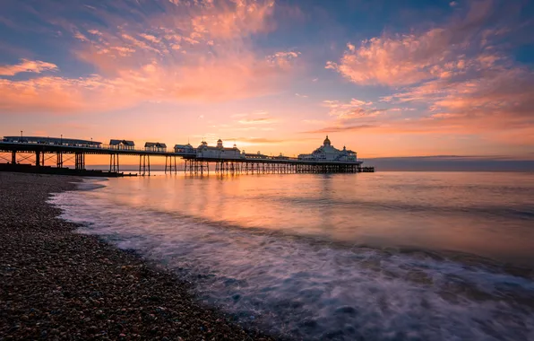 Sea, the sky, clouds, sunset, pebbles, stones, rocks, shore