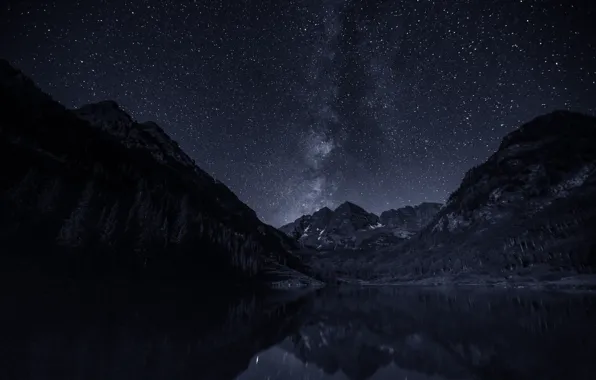 The sky, stars, mountains, night, lake, the milky way
