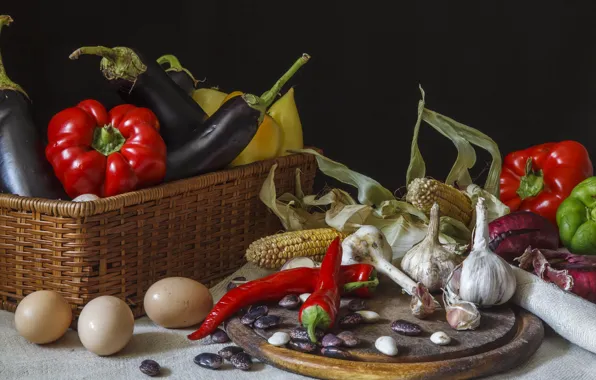Food, eggs, corn, bow, eggplant, pepper, vegetables, garlic