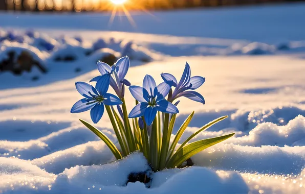 Flowers, Spring, Snow, Dawn, Digital art, Scilla, AI art, The Art of Artificial Intelligence