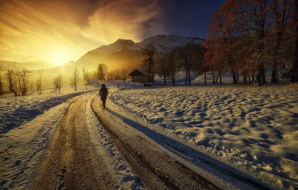 Picture road, girl, mountains, dawn, home