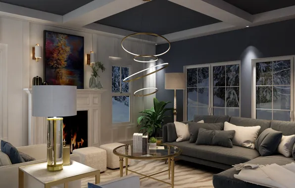 Design, style, heat, room, interior, fireplace, cozy, Snowy living room
