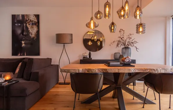 Design, style, interior, picture, sofa, living room, lamps, dining room