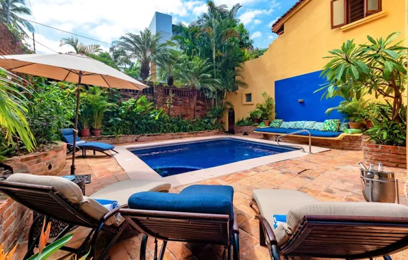 Palm trees, Villa, pool, Mexico, architecture, terrace, Mexico, villa Las Puertas