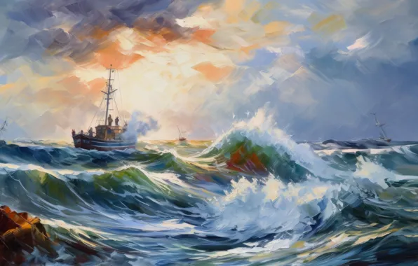 Sea, wave, the sky, clouds, landscape, storm, nature, people