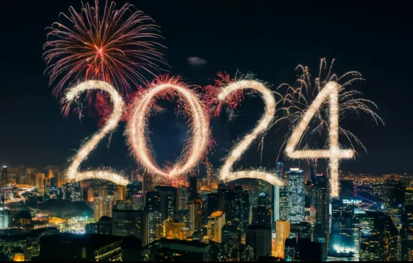 Night, city, the city, salute, colorful, figures, New year, golden