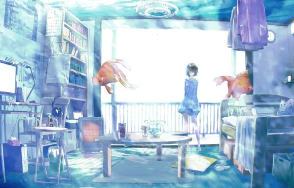 Picture girl, fish, fish, room, interior, art, gold, rery rr23